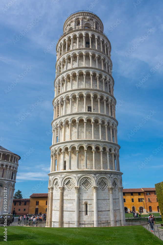 Pisa, Italy, 14  April 2022: View of the Leaning Tower