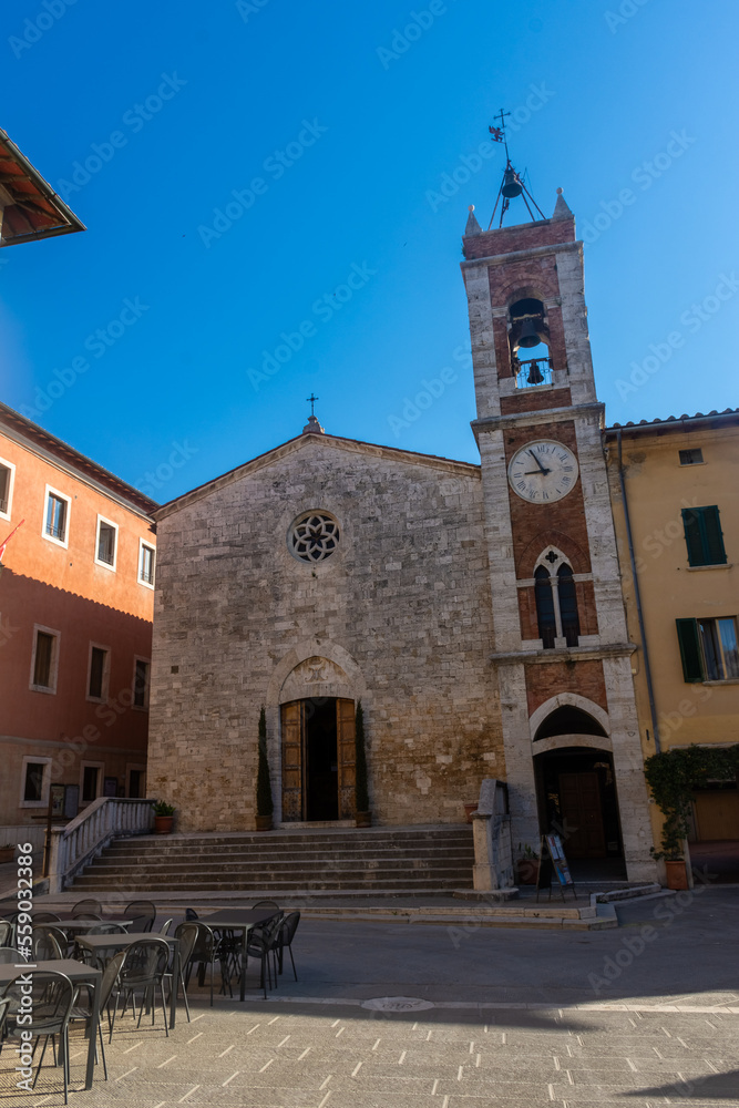 San Quirico d'Orcia, Italy, 16 April 2022:  Medieval church of the historic center