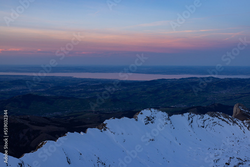 Great view of Lake Constance from a mountaintop during a beautiful sunset.