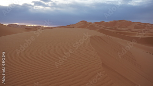Landscape of sand dunes with distinct, sharp ridges on a moroccan Sahara erg, near the settlement of Merzouga.