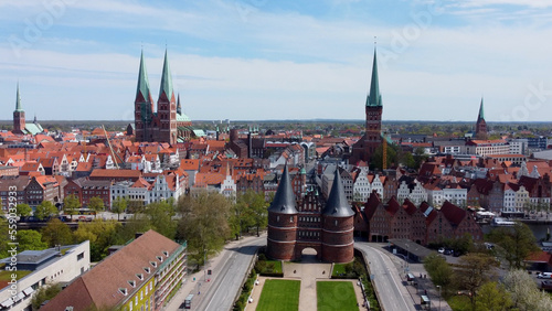 Famous Holsten Gate in the city of Lubeck Germany - aerial photography