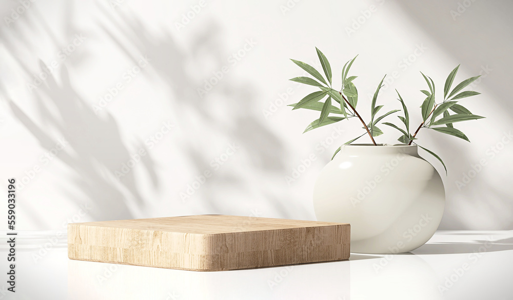 Modern, minimal square wooden podium tray on glossy white table counter, vase of tree twig, leaf shadow on wall background for luxury beauty, cosmetic, organic, nature, fashion, food product display - obrazy, fototapety, plakaty 
