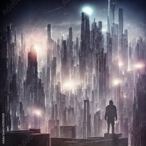 futuristic city in the city with lights and human figure silhouette created with using Generative AI Technology