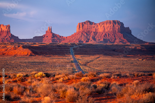 Sunset at Monument Valley  panoramic photo of monument valley  Highway 163  Utah  USA