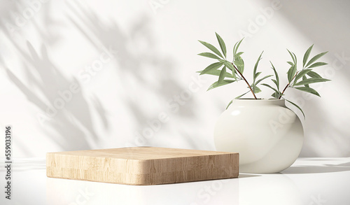 Modern, minimal square wooden podium tray on glossy white table counter, vase of tree twig, leaf shadow on wall background for luxury beauty, cosmetic, organic, nature, fashion, food product display