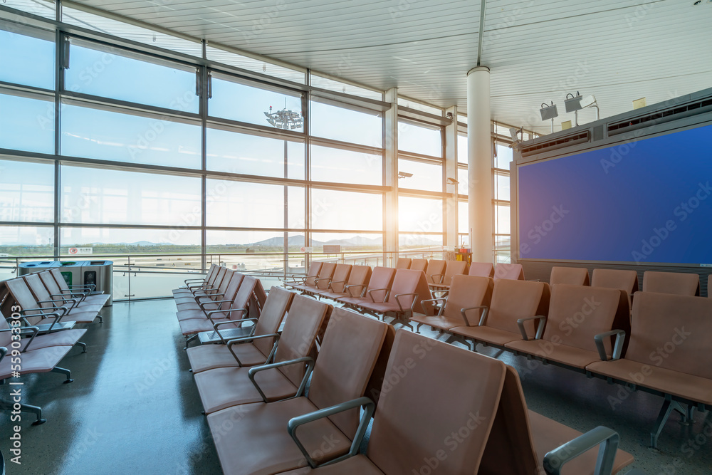 Waiting area with seats in new airport terminal