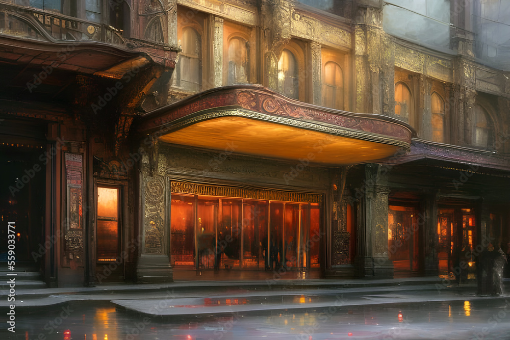 Fototapeta premium The exterior of an old fashioned art deco style cinema building illuminated at night generative ai illustration