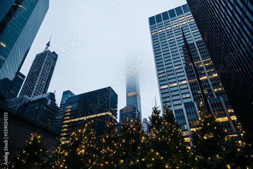 New York City skyline with Christmas trees on a foggy day