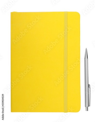 Obraz na plátně Closed yellow notebook with pen isolated on white, top view