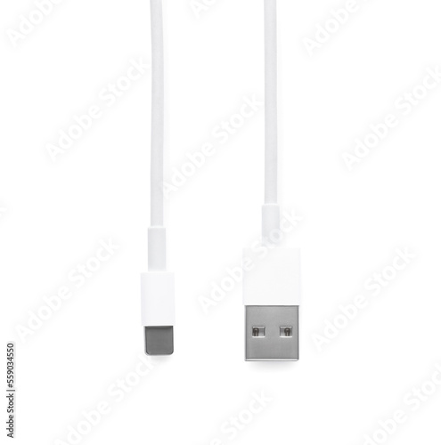 USB to lightning cable isolated on white, top view. Modern technology