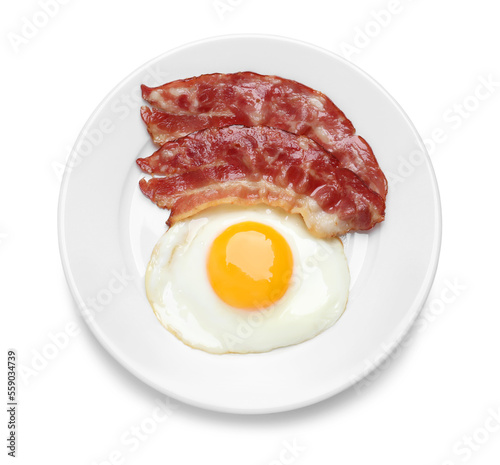 Plate with delicious fried egg and bacon isolated on white, top view
