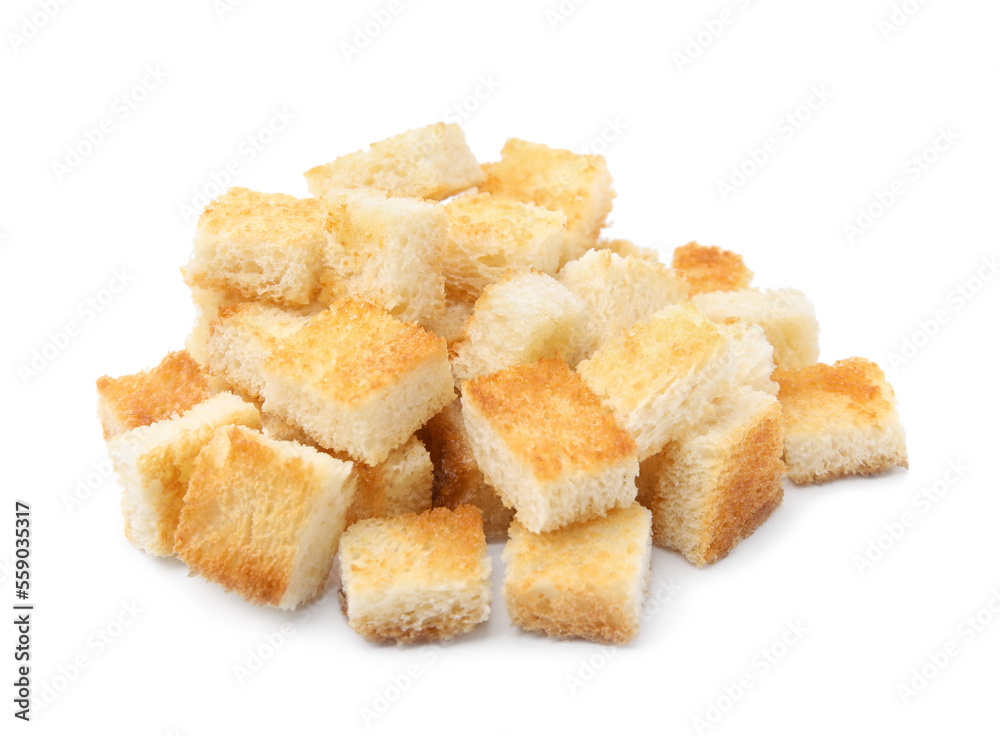 Pile of delicious crispy croutons on white background Pile of delicious crispy croutons on white background