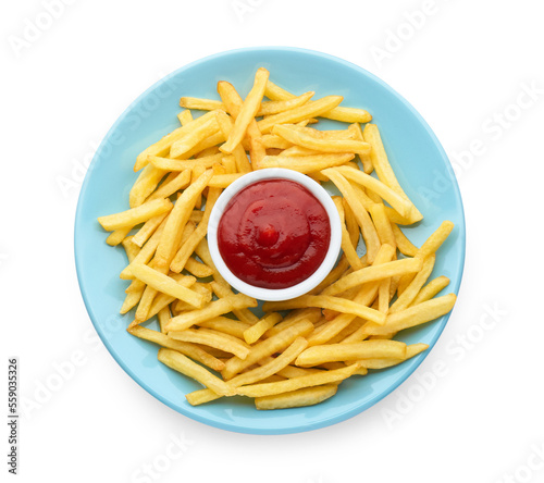 Tasty french fries with ketchup isolated on white, top view