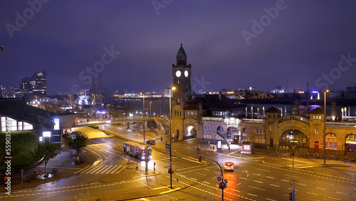 Famous St Pauli Landungsbruecken at the port of Hamburg - amazing evening view - travel photography photo