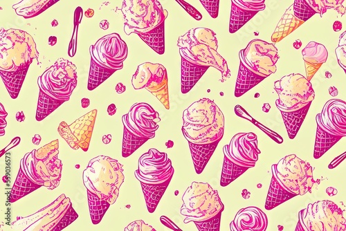 Seamless summer design with a hand-drawn ice cream cone. This trendy, sweet pink texture is perfect for use in the design of textiles and wallcoverings. Cartoon in a format Generative AI