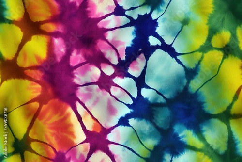 Shibori seamless tie-dye design. Designs in bright colors are hand-painted onto a white backdrop. Imaginary surface texture. Fabric, wallpaper, wrapping paper, and textile printing. Generative AI