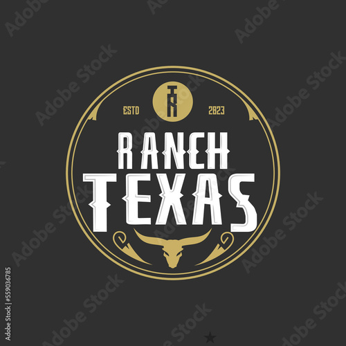 Vintage Retro Texas Ranch, Western State,symbol letters R,T, Bull Cow head Logo Design Emblem Label Vector