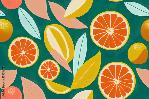 Seamless pattern in the trendy and colorful style of summer fruits orange and leaves; ideal for use in the fashion, textile, wallpaper, cover, web, wrapping, and printing industries. Generative AI