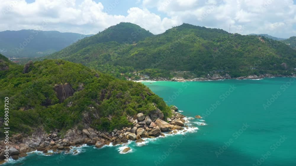 Aerial top view of Samui island Thailand form drone blue sky, white beach and green blue sea
Aerial top view of Samui island Thailand form drone blue sky, white beach and green blue sea