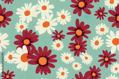 Dainty flowery daisy design with a vintage ditsy look - a floral pattern that repeats itself seamlessly over the fabric. Generative AI