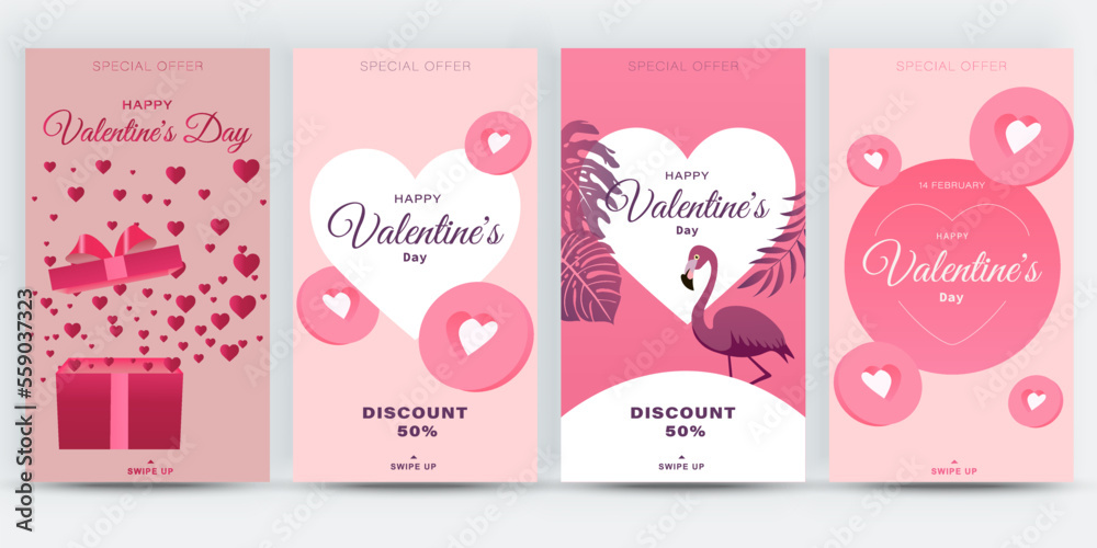 Set of Valentine's Day celebration social media stories templates. Love banners with cute romantic design elements. Ideal for web, event invitation, discount voucher, advertising. Vector