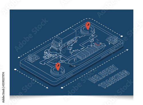 3D isometric Mobile Shipment Tracking App for Logistics Companies concept with Smart Logistics, maritime, cargo transportation and logistics service GPS. Vector illustration eps10