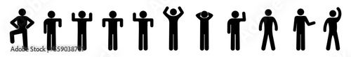 stick figure man icon, isolated human silhouettes, set of various poses and gestures