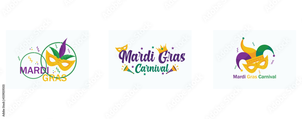 Mardi Gras or Shrove Tuesday , mardigras poster for party or post to social media, harlequin hat mask mardi gras carnival, set flat vector modern illustration