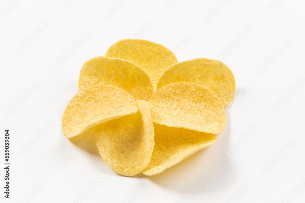 Pile of potato chips on white background.