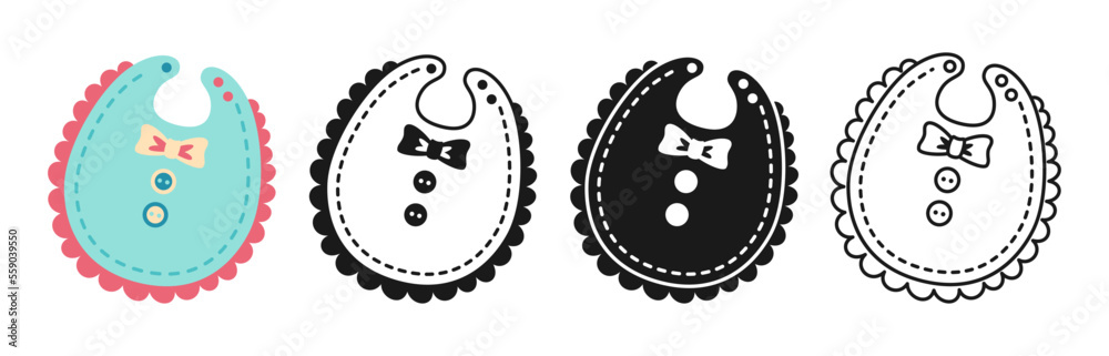 Fototapeta premium Baby bib cartoon icon set. Child clothes for eating symbol, line or silhouette, cute simple collection. Newborn kids nursery accessory objects. Birthday child toddler memory scrapbook kit vector