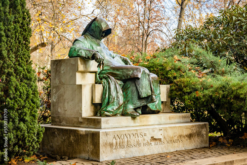 Statue of Anonymous in Vajdahunyad Castle park in Budapest