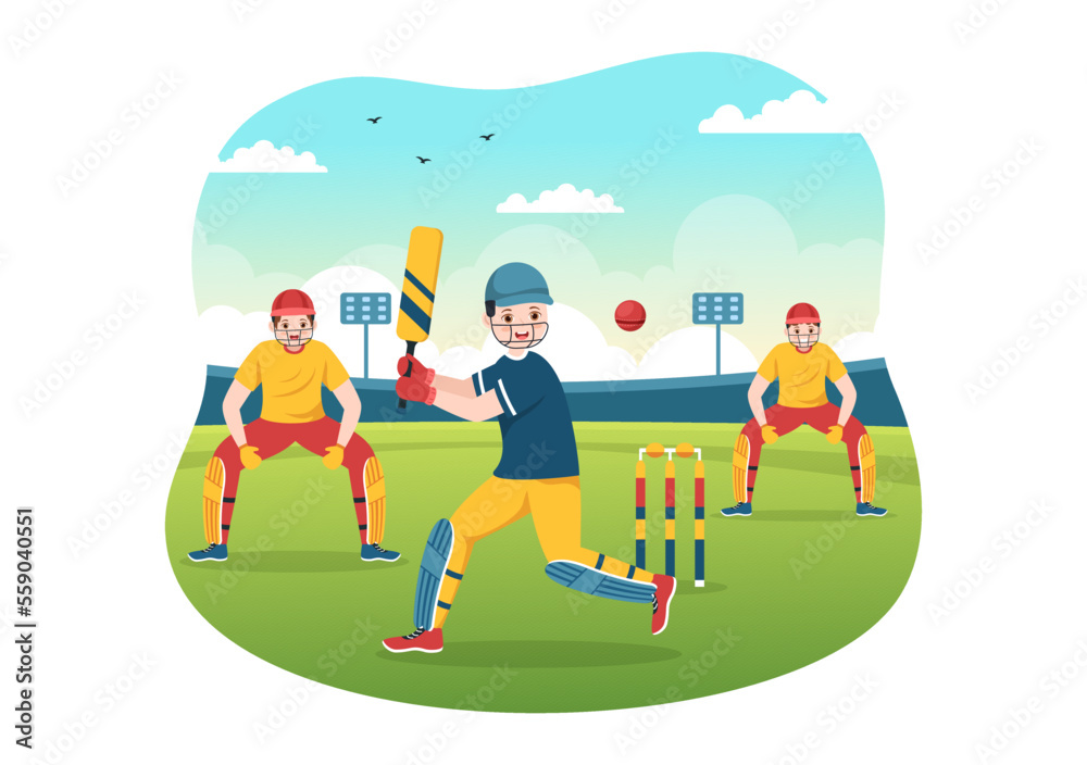 Batsman Playing Cricket Sport Illustration with Bat and Balls in the Field for Championship in Flat Cartoon Hand Drawn Templates