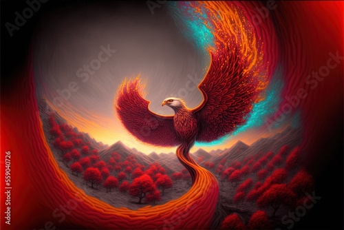 Burning bird phoenix in the volcanic landscape with red trees. Generative ai illustration photo