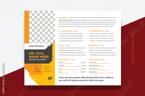 User Persona Document Template Vector Illustration. Examples of User Personas template. Persona Document. Persona Template for UI UX designer. User Persona vector horizontal template with double color