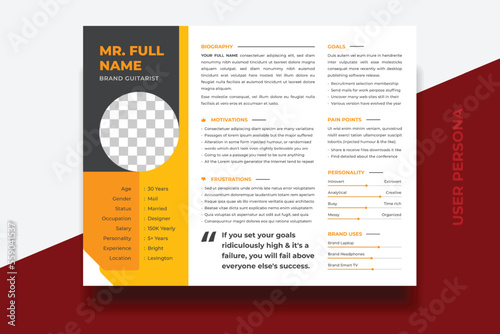 User Persona Document Template Vector Illustration. Examples of User Personas template. Persona Document. Persona Template for UI UX designer. User Persona vector horizontal template with double color
