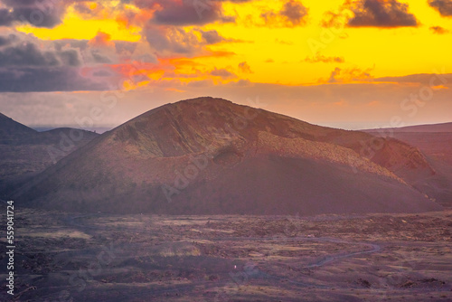 Amazing sunset over El Cuervo Volcano  in Lanzarote  Canary Islands   Spain