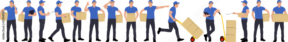 Set of hand-drawn delivery guy in different poses. Delivery man with package. Male worker holding cadboard box. Man with cart for cargo. Vector illustration isolated on white. Full-length view Set of hand-drawn delivery guy in different poses. Delivery man with package. Male worker holding cadboard box. Man with cart for cargo. Vector illustration isolated on white. Full-length view