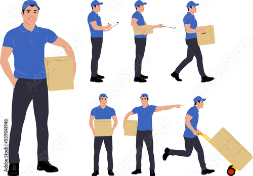 Set of hand-drawn warehouse workers with the package. Delivery guy is holding a cardboard box worker in different poses. Vector flat style illustration isolated on white. Full-length view	