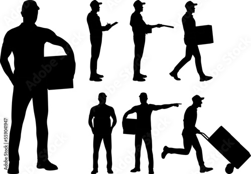 Silhouettes set of delivery guy in different poses. Delivery man with package. Male worker holding cadboard box. Man with cart for cargo. Vector illustration isolated on white. Full-length view	 photo