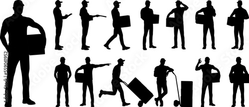 Set of silhouettes of warehouse workers with the package. Delivery guy is holding a cardboard box in different poses. Vector flat style illustration isolated on white. Full-length view	