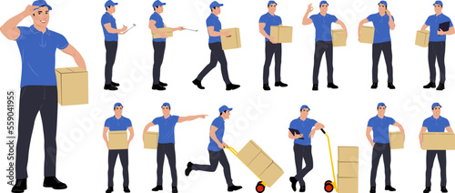 Set of hand-drawn warehouse workers with the package. Delivery guy is holding a cardboard box worker in different poses. Vector flat style illustration isolated on white. Full-length view 