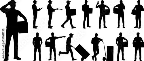 Set of silhouettes of warehouse workers with the package. Delivery guy is holding a cardboard box in different poses. Vector flat style illustration isolated on white. Full-length view	