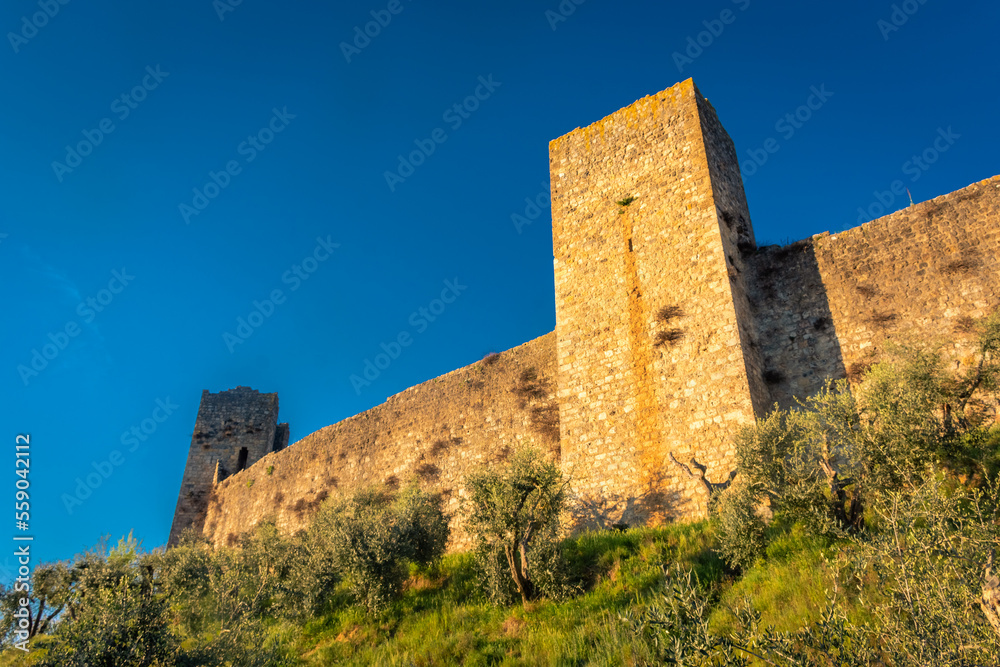 Medieval walls of Monteriggioni fortified town in Tuscany,  Italy