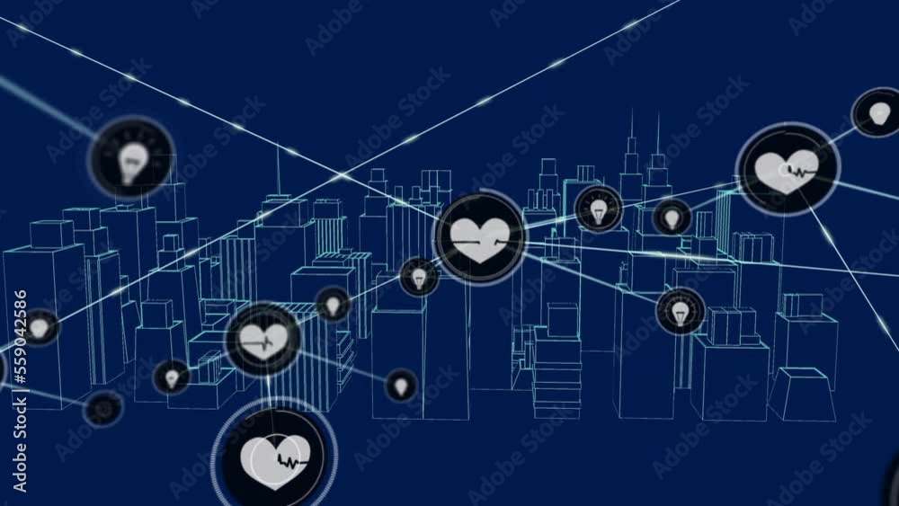 Animation of network of connections with icons and cityscape