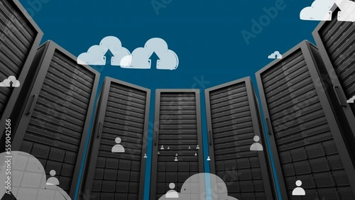 Animation of social media and clouds icons over computer servers photo