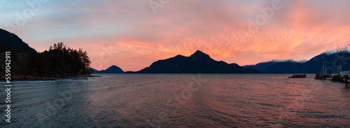 Canadian Mountain Landscape Nature Background. Howe Sound near Vancouver and Squamish  BC  Canada. Colorful winter Sunrise. Panorama