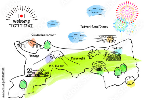 鳥取県の観光地のシンプル線画イラストマップ