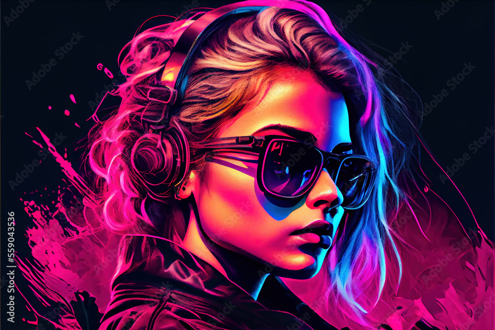 Obraz premium womain with headphones in futuristic style created with Generative AI technology
