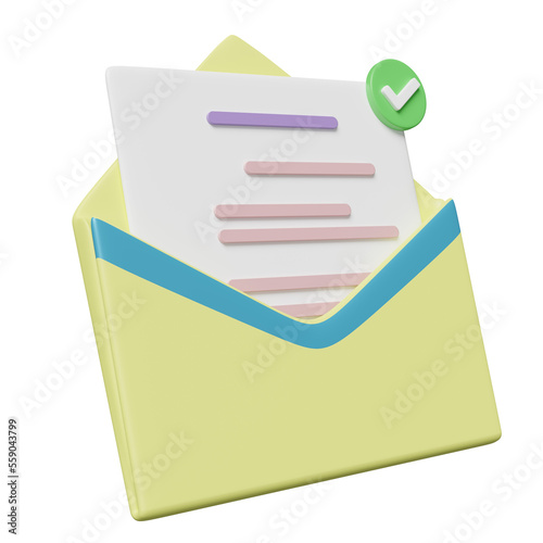 3d yellow open envelope, letter icon with notification message, checkmark isolated. minimal notify newsletter, online incoming email concept, 3d render illustration