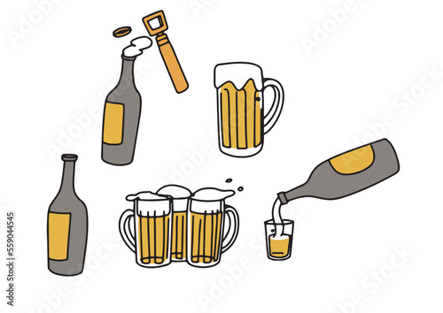 ビールやビールが入ったジョッキのイラストセット